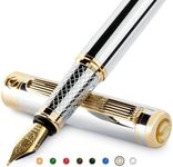 Scriveiner Silver Chrome Fountain Pen - Stunning Luxury Pen with 24K Gold Finish, Schmidt 18K Gilded Nib (Broad), Best Pen Gift Set for Men & Women, Professional, Executive Office, Nice Designer Pens