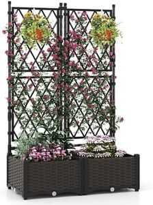 Costway Raised Garden Bed w/Lattice Trellis, Drainage, Self-Watering Elevated Vertical Planter Boxes for Climbing Vine Flower Vegetable, 126 cm Tall Indoor Outdoor Standing Privacy Fence