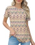 Rapbin Women's Casual Crew Neck T-Shirts Loose Short Sleeve Pleated Summer Tops Tunic Blouses,Boho Print,XL