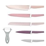 Navaris Knives and Peeler Set - 5 Stainless Steel Kitchen Knife & 1 Ceramic Blade Peeler - Pastel Colour Set with Bread Knife, Paring Knife and More