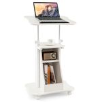 COSTWAY Mobile Laptop Table, Height Adjustable Sit Stand Desk Podium Stand Presentation Cart with Wheels, Shelves and Storage Cabinet, Home Office PC Computer Workstation (White, 55 x 40 x 71-120cm)