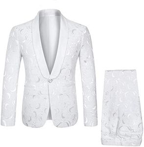 YFFUSHI Mens 1 Button 2 Piece White Tuxedo Shawl Collar Skinny Dress,White,Bust(Jacket) 45 Waist(Pants) 34