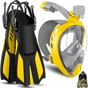 Odoland Snorkeling Packages for Adults & Youth, Full Face Snorkel Mask with Camera Mount, Adjustable Swim Fins, Mesh Bag, Anti-Fog Anti-Leak Scuba Diving Gear for Men & Women, Yellow L