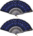 Winture Peacock Hand Fans, Spanish Folding Hand Fan, Flower Dancing Fans,Summer Handheld Folding Fans Party Favors for Girls Women (Royal Blue, 2 PCS)