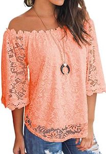 MIHOLL Women's Casual Blouses Off Shoulder Lace Tops (Pink, Medium)