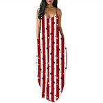 American Flag Sleeveless Maxi Dress with Pocket 4th of July Stars and Stripes Patriotic Dress Independence Day Bohemian Dress, Red, XXL
