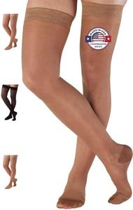 ABSOLUTE SUPPORT Made in USA - Compression Stockings for Women 15-20mmHg - Thigh High with Silicone Border for Lymphedema, Swelling, Post Surgery Recovery - Taupe, Small - A102T1