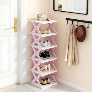RILUKICH 6 Tier Collapsible Kids Shoe Rack, Small Vertical Foldable Shoe Organizer for Front Door Entrance, Dorm, Bedroom, and Small Spaces (Pink-x)