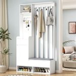 CuisinSmart Entryway Hall Tree, 6-in-1 Design Coat Rack With Pegboard, Storage Cabinet, 4 Coat Hooks, 3 Drawers, Upholstered Bench, Freestanding Coat Rack For Hallway Enterway White