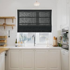 TWOPAGES Cordless Roman Shades Linen Textured Roman Blinds for Windows, Custom Made Room Darkening Blackout Roman Window Shades Washable Fabric, Hardware Included, Black, 1 Piece