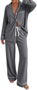 LILLUSORY Women's Long Sleeve Pajama Set - Soft Button-Down Top & Comfortable Drawstring Pants with Pockets Dark Grey XL