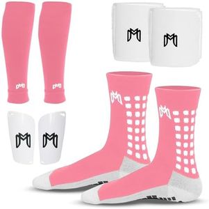 MediCaptain Soccer Grip Socks, Shin Guards, Pre Cut Sock Sleeves, and Guard Straps Bundle Pack - Essential Equipment for Soccer Players - for Mens, Women, Youth, Size 7 to 12 US Men Shoe Size (Pink)