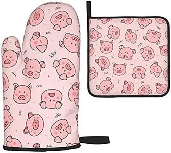 Hitamus Cute Pig Heat Resistant Oven Mitts and Pot Holders Sets Non Slip Kitchen Gloves Hot Pads with Inner Cotton Layer for Cooking BBQ Baking Grilling