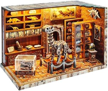 Book Nook Kit Dinosaur Museum DIY Dollhouse Booknook, Miniature House Kit for Adults and Teens, Library Tiny okshelf Decor, 3D Wooden Puzzle Bookends with Sensor Led Light, Gifts for Family, Friends