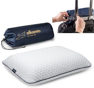 alkamto Travel Pillow - Ergonomic Neck Support Camping Memory Foam Pillow with Temperature-Regulating Pillowcase - Included Waterproof Travel Carry Bag