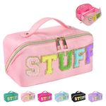 Huifen Stoney Clover Preppy Makeup Bag, Travel Toiletry Bag for Women Preppy Stuff Chenille Letter Cosmetic Bag Cute Makeup Pouch Monogram Make Up Bags Stuff Bag Gift for Teen Girls (Pink)