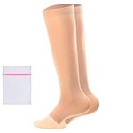 360 RELIEF Compression Socks for Women & Men - Open Toe Graduated Stockings Support for Travel, Running, Nurses, Flight, Maternity, Pregnancy | XXL, Beige with Mesh Laundry Bag |