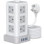 NVEESHOX Extension Lead Surge Protection, 12 Way Power Strip Tower with 4 USB Slots 5M/16FT Long Extension Cord Multi Plug 3250W 13A Overload Protection for TV Laptops iPhones Tablets (Light Grey-5M)