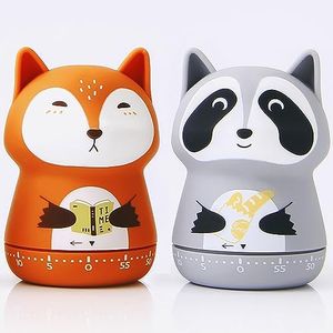 ELE DEPI 2 Pack Cute Kitchen Timer,100% Mechanical Timer for Kids,60 Minute Egg Timer for Cooking/Reading/Do Sports. (Fox and Raccoon)