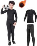 Kids Base Layer - Athletic Kids Thermal Long Sleeve Top and Leggings Compression Set for Sport Football Basketball Ski Black