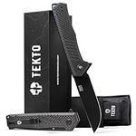 TEKTO F1 Alpha Folding Pocket Knife - Modified Straight Back Blade, D2 Steel, Tactical Carbon Fiber Handle, Ideal for Outdoor Camping, Backpacking & Self Defense - Blue Titanium Accents