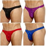 Casey Kevin Men's Thongs Lace Underwear Sexy Low Rise G-Strings See Through Thong 4 Pack Large