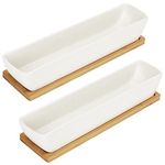 BELLE VOUS White Ceramic Rectangular Succulent Pots with Bamboo Trays (2 Pack) - L24 x W5.5 x H4cm/9.45 x 2.16 x 1.57 Inches - Indoor/Outdoor Planters for Home, Office & Desk/Table