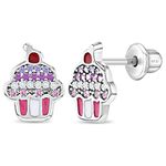 925 Sterling Silver Colorful Enamel & Cubic Zirconia Cupcake Screw Back Earrings for Girls - Kids Cupcake Earrings with Colorful CZ Stones - Perfect Toddler Earrings - Hypoallergenic Jewelry