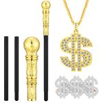 Hicarer 3 Pieces Vintage Golden Walking Cane Elegant Costume Prop Stick Accessories, Dollar Sign Pendant Necklace and Dollar Sign Golden Ring Set for Halloween Cosplay, Gold