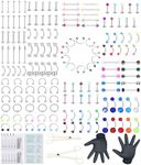 Ubjuliwa 175Pcs Piercing Jewelry Kit Piercing Needles Stainless Steel Acrylic 14g 16g Nose Septum Horseshoe Lip Tongue Eyebrow Tragus Belly Tongue Nipple Barbell Rings Piercing Jewelry Kit Tool