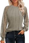 HOTOUCH Womens Long Sleeve Shirts Lace Tops Business Casual Fall Fashion Outfits Clothes 2024 Y2k Blouses Khaki