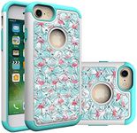 iPhone 7 Case, iPhone 8 Bling Case, Flamingo Mint Green Pattern Heavy Duty Shockproof Studded Rhinestone Crystal Bling Hybrid Case Silicone Protective Armor for Apple iPhone 7 iPhone 8