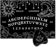 CREATCABIN Black Wood Spirit Talking Board with Sun Stars Rectangle Wooden Pendulum Dowsing Divination Board with Planchette Spirit Hunt Metaphysical Message Supplies Kit for Wicca 11.8X8.3 in