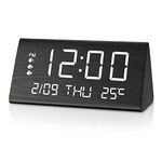 JALL Digital Alarm Clock, with Wooden Electronic LED Time Display, 3 Alarm Settings, Weekday/Weekend Mode, Temperature Detect, Wood Made Electric Clocks for Office, Bedroom, Bedside (Black)