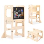 Toddler Tower, Learning Standing Tower 4-in-1 Kitchen Wooden Stool Helper with Chalkboard Montessori and Waldorf Helper for Kids in Kitchen Bamboo Step Stool with Desk Table and Chair