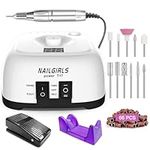 NAILGIRLS Electric Nail Drill, 11 in 1 Nail Drill Set Electric Nail Files Professional 35000RPM Acrylic Nails Gel Nails Manicure Pedicure Polishing Machine for Home and Salon Use with Foot Pedal,White