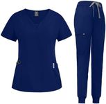 niaahinn Scrub Suit Set for Women Modern V-neck + Leg Drawstring Jogger Pants Medical Nursing Uniforms Set (Navy Blue,S,Medium)