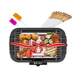 EVIZIA Barbeque Grill Electric Smokeless Indoor Outdoor Grill Portable Adjustable Temperature Control 2000W - Black (Stick and Spatula & Oil Brush)