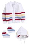 Little Angels Baby Sweater Set - 3 Pcs Woollen Full Sleeves V-Neck Textured Striped Sweater, Cap & Socks for Baby Boys 0 to 3 Months (White)