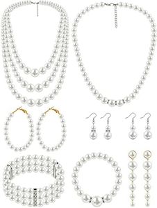BBTO 8 Pcs Pearl Necklace and Earrings Set for Women Pearl Jewelry Set Faux Pearl Necklace Earrings Simulated Pearl Bracelets (Elegant Style)