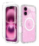 I-HONVA for iPhone 16 Case Clear [Non Yellowing] [Compatible with MagSafe] Shockproof 3-Layer Full Body Protection Rugged Heavy Duty Cover Case for Apple iPhone 16 6.1",Clear Glitter