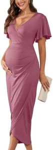 AISWI 2024 Women's Maternity Wrap Dress V Neck Ruffle Sleeves Baby Shower Dresses Photoshoot Party Cocktail Pregnancy Clothes, Light Plum, Small