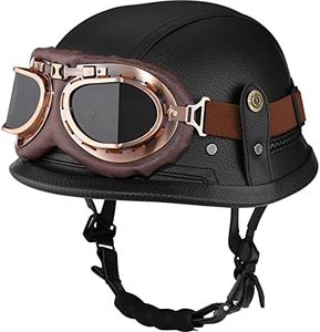 Yesmotor Motorcycle Half Helmet Retro German Handmade Leather Half Face Quick Release Buckle & Goggles - DOT Approved (Black, M)