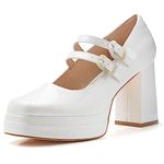 Coutgo Women's Platform Mary Jane Pumps Two Strap Square Toe Chunky Block Heel Sandals Party Shoes, White, 8