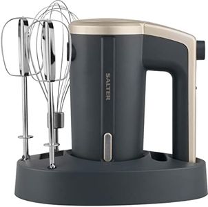 Salter EK5395BGRY Cordless Hand Mixer - 3 Speeds & Eject Function, Stainless Steel Balloon Whisk & Mixing Beater, Rechargeable 7.2V Battery, Non-Slip Storage Base, LED Indicator, Type C Charging Cable