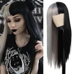 Salaibs Half Grey Half Black Long Wigs for Women Straight Goth Hair Wig with Bangs Heat Resistant Fiber Cosplay Halloween Wig