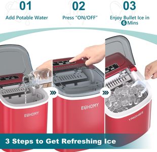 EUHOMY Countertop Ice Maker – 9 Cubes in 6 Mins, 2 Sizes, 12kg/24h, Red