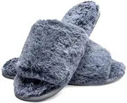 Happy Touch Women's Soft Lightweight Faux Fur Memory Foam House Slippers Fuzzy Slip on Open Toe Plush Spa Slippers, Blue, 5-6(S)