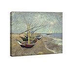 Wieco Art Fishing Boats on the Beach at Les Saintes Maries Modern Wrapped Giclee Canvas Prints of Van Gogh Famous Oil Paintings Reproduction Ocean Grey Pictures on Canvas Wall Art for Home Decorations