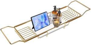 BVL Bathtub Tray Stainless Steel with Marble Base Gold Bathtub Tray with White Marble Base Adjustable & Rustproof Bath Caddy for Spa, Relaxation, Bath Bombs